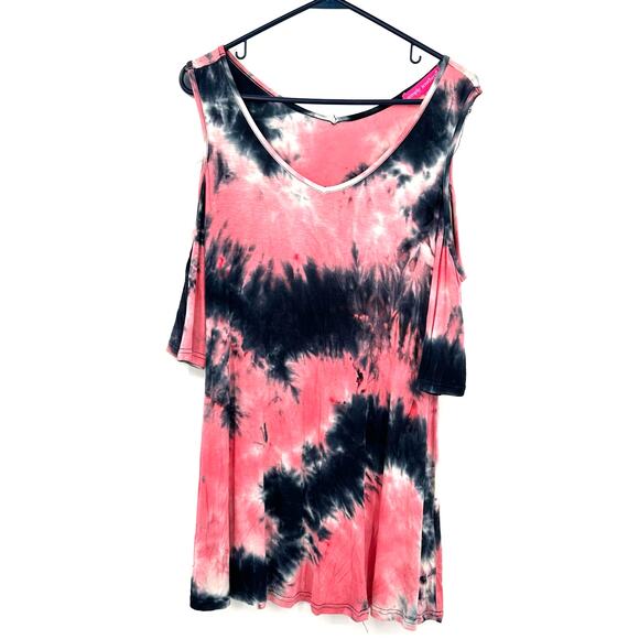 Simply Southern Size Small NWT Cold Shoulder Top 3/4 Sleeve Pink‎ Black Tie-Dye - Picture 1 of 5